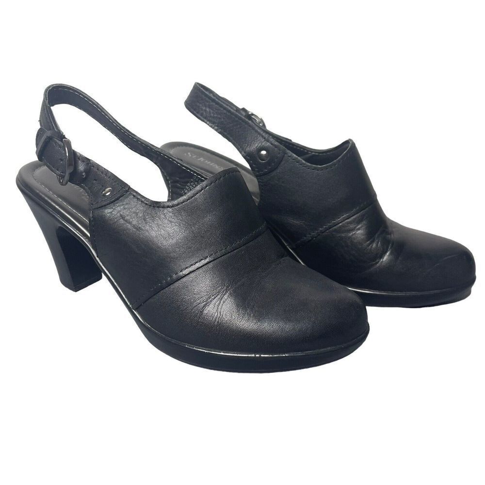 St Johns Bay Shoes Womens 8.5 M Heels Clogs Mules Buckle Black Leather